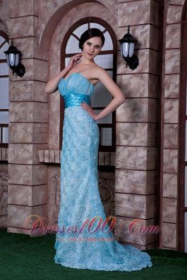 Aqua Blue Column PromEvening Dress Rolling Flowers