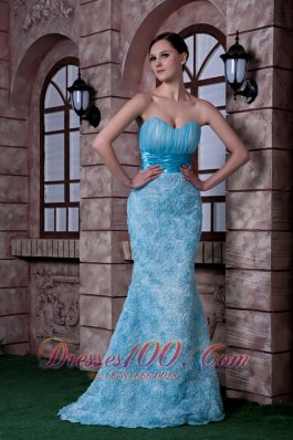 Aqua Blue Column PromEvening Dress Rolling Flowers