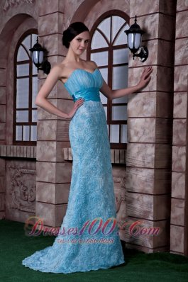 Aqua Blue Column PromEvening Dress Rolling Flowers