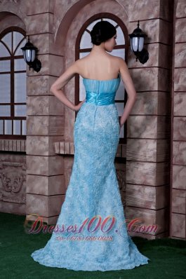 Aqua Blue Column PromEvening Dress Rolling Flowers