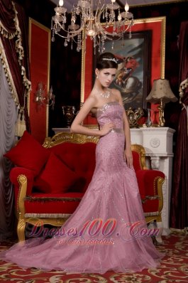 Mermaid Strapless Organza Light Pink Prom Dress Beading