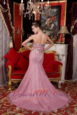 Mermaid Strapless Organza Light Pink Prom Dress Beading