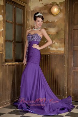 Purple Mermaid Beading Front Split Chiffon Prom Evening Dress