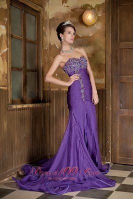 Purple Mermaid Beading Front Split Chiffon Prom Evening Dress