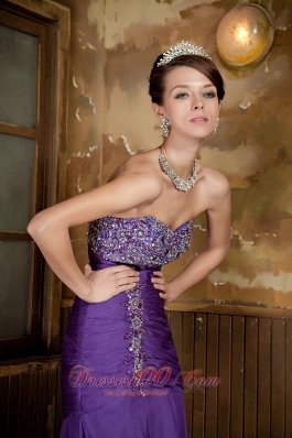 Purple Mermaid Beading Front Split Chiffon Prom Evening Dress