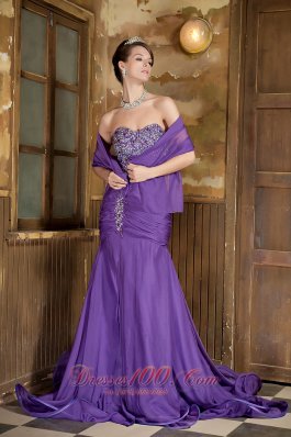 Purple Mermaid Beading Front Split Chiffon Prom Evening Dress