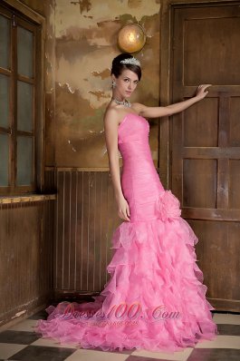 Mermaid Pink Hand Made Flower Ruffled Prom Dress