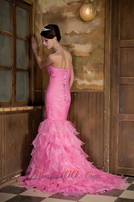 Mermaid Pink Hand Made Flower Ruffled Prom Dress