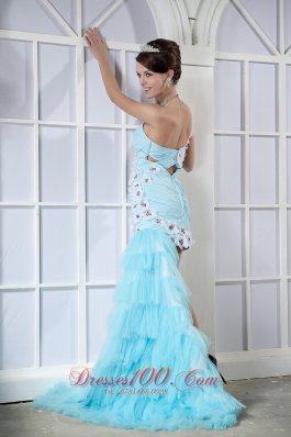 High Low Blue One Shoulder Prom Dress Side Train