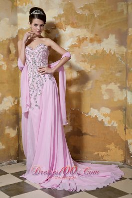 Pink Empire Brush Train Chiffon Beading Prom Evening Dress