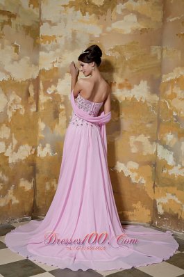 Pink Empire Brush Train Chiffon Beading Prom Evening Dress