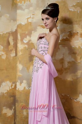 Pink Empire Brush Train Chiffon Beading Prom Evening Dress