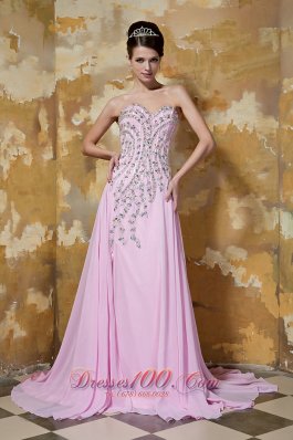 Pink Empire Brush Train Chiffon Beading Prom Evening Dress