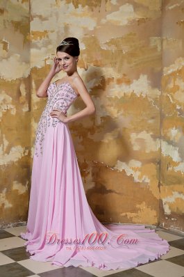 Pink Empire Brush Train Chiffon Beading Prom Evening Dress