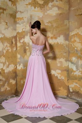 Pink Empire Brush Train Chiffon Beading Prom Evening Dress