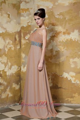 One Shoulder Brown Chiffon Beading Prom Dress