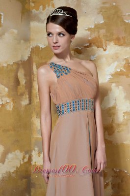 One Shoulder Brown Chiffon Beading Prom Dress