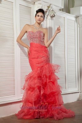 Mermaid Asymmetrical Coral Red Ruffled 17 prom Dress