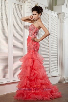 Mermaid Asymmetrical Coral Red Ruffled 17 prom Dress