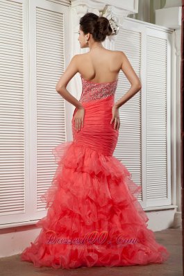 Mermaid Asymmetrical Coral Red Ruffled 17 prom Dress