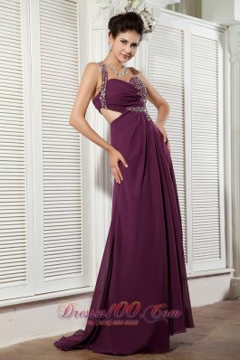 Dark Purple Evening Dress One Shoulder Chiffon Beading