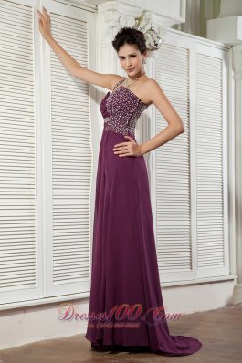 Dark Purple Evening Dress One Shoulder Chiffon Beading