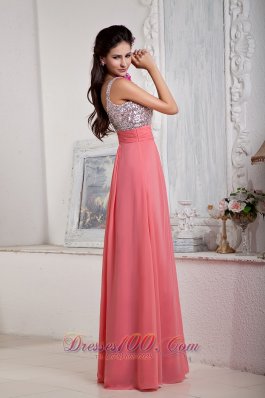 Watermelon Spaghetti Straps Chiffon Sequined Prom Dress