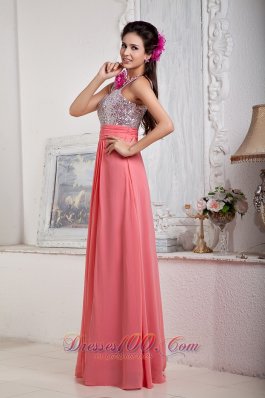 Watermelon Spaghetti Straps Chiffon Sequined Prom Dress