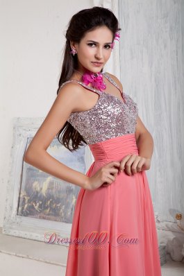 Watermelon Spaghetti Straps Chiffon Sequined Prom Dress