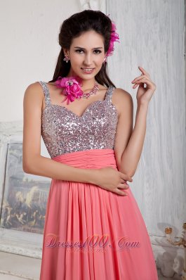 Watermelon Spaghetti Straps Chiffon Sequined Prom Dress