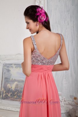 Watermelon Spaghetti Straps Chiffon Sequined Prom Dress