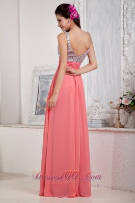 Watermelon Spaghetti Straps Chiffon Sequined Prom Dress