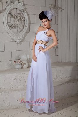 White One Shoulder teenager Prom Holiday Dress Beading Chiffon