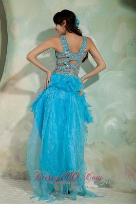 High Low Sky Blue Ruffled Prom Dress Organza Beading