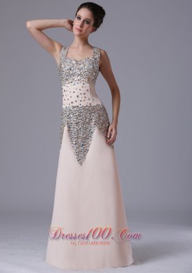 Champagne Beaded Chiffon Column Evening Prom Dress