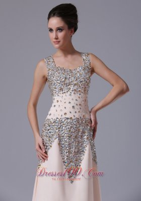 Champagne Beaded Chiffon Column Evening Prom Dress