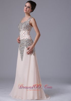 Champagne Beaded Chiffon Column Evening Prom Dress