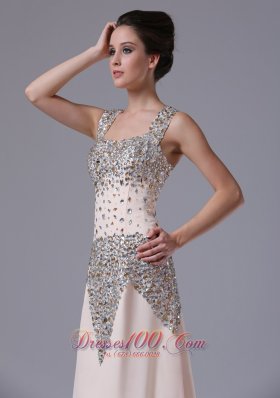 Champagne Beaded Chiffon Column Evening Prom Dress