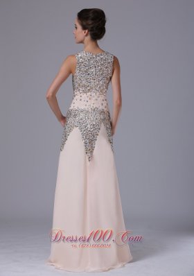 Champagne Beaded Chiffon Column Evening Prom Dress