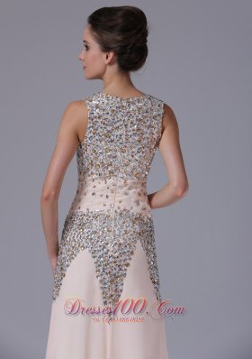 Champagne Beaded Chiffon Column Evening Prom Dress