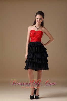 Red Taffeta and Black Chiffon Short Prom Dress