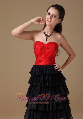 Red Taffeta and Black Chiffon Short Prom Dress