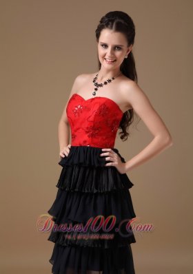 Red Taffeta and Black Chiffon Short Prom Dress