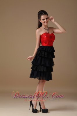 Red Taffeta and Black Chiffon Short Prom Dress