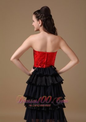 Red Taffeta and Black Chiffon Short Prom Dress