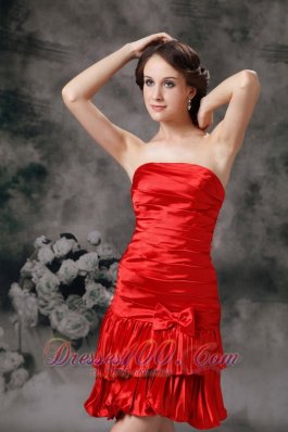 Red Column Cocktail Dress Bow Ruch Mini