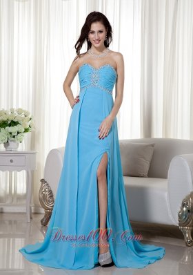 High Slit Empire Brush Beading Prom Celebrity Dress