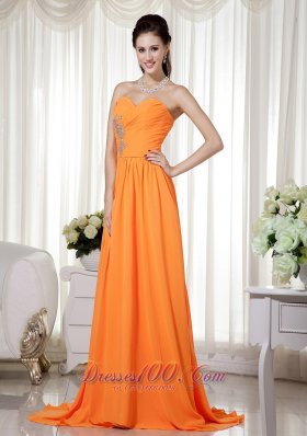 Orange Brush Beading Ruch Prom Celebrity Dress