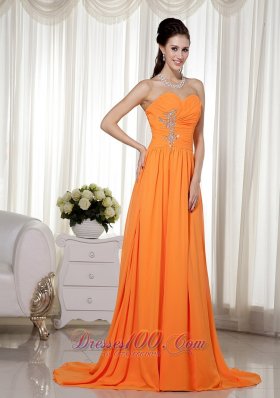 Orange Brush Beading Ruch Prom Celebrity Dress