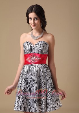 Zebra Beading Prom Holiday Dress Red Waistband A-line